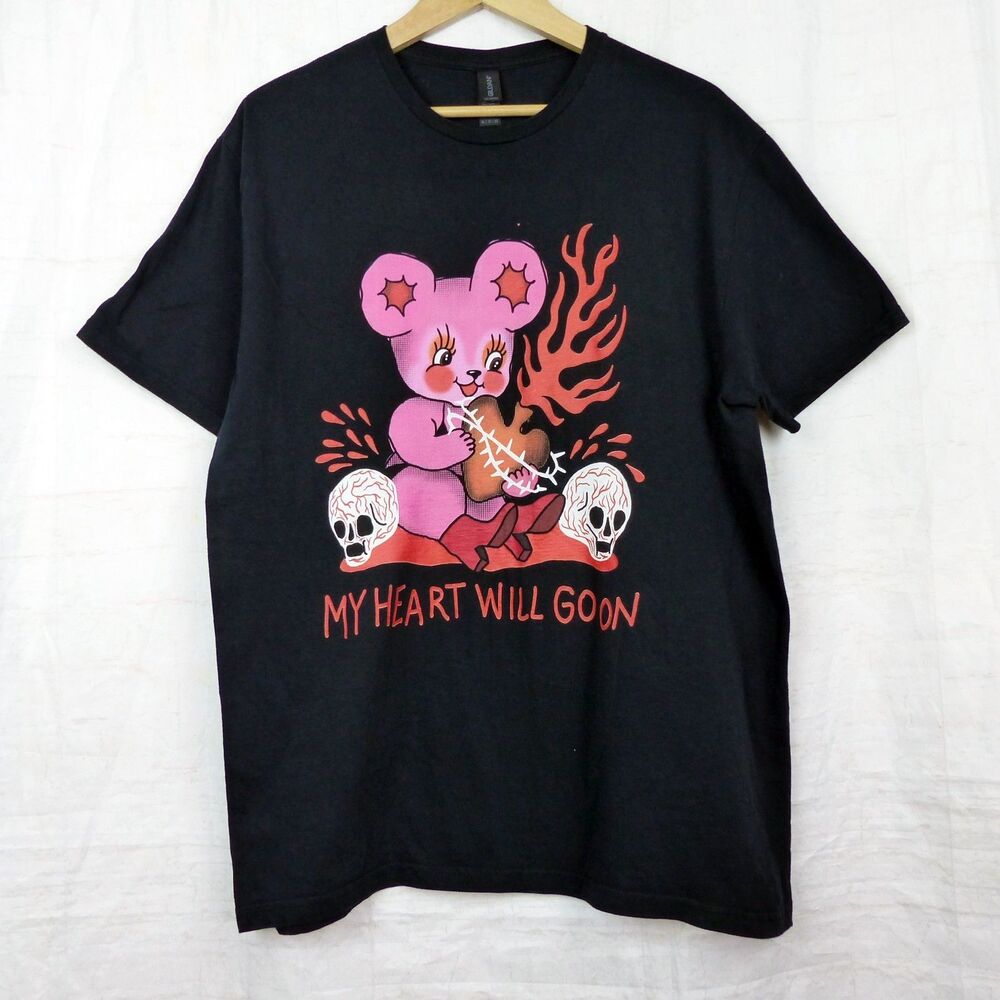 Gildan Heart Will Go On Teddy Bear Graphic T Shirt Mens XL Black Skull Emo Goth
